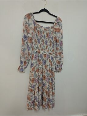 Smocked Floral Long Sleeve Midi Dress in Cream with Orange & Lavender Blooms